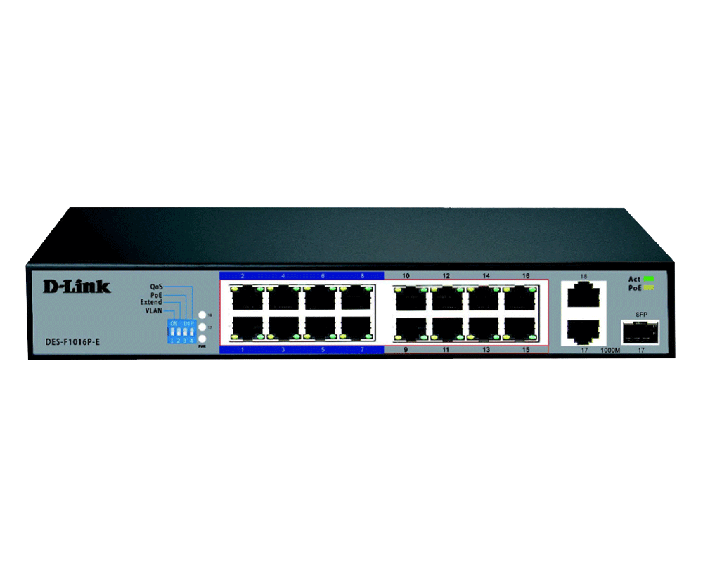 D-Link DES-F1016P-E 16-Port PoE+ Surveillance Switch 250m